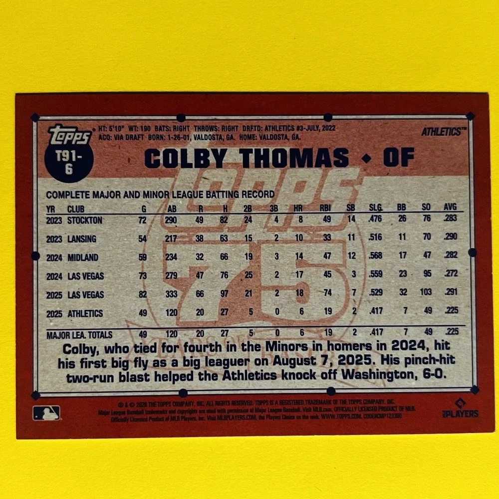 2026 Topps Colby Thomas RC T91-6 1989 Topps Insert Rookie Oakland‎ Athletics